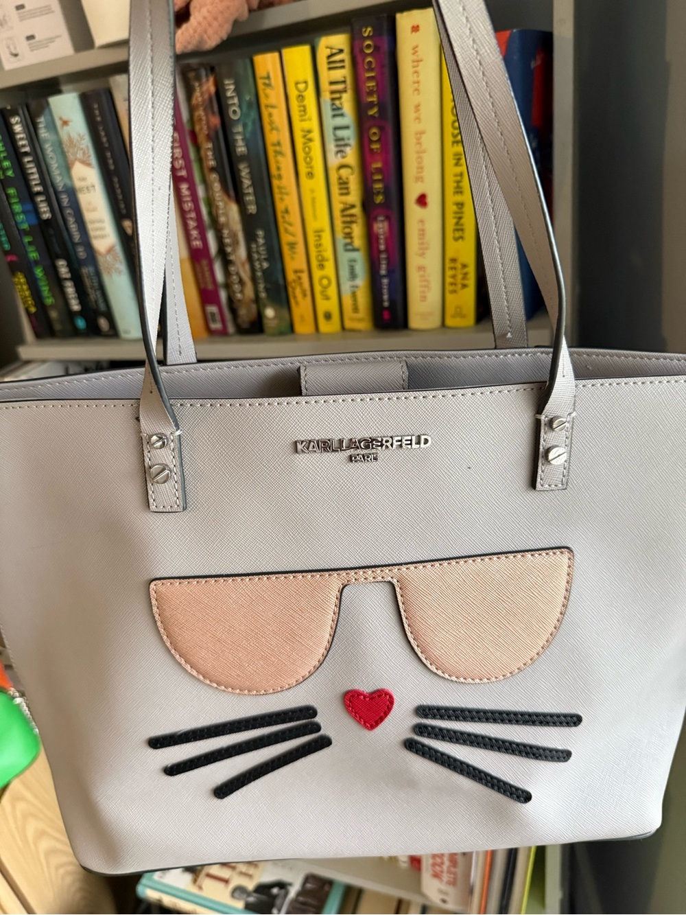 Karl Lagerfeld Light Gray Tote with Pink Sunglasses and Red Heart Detail